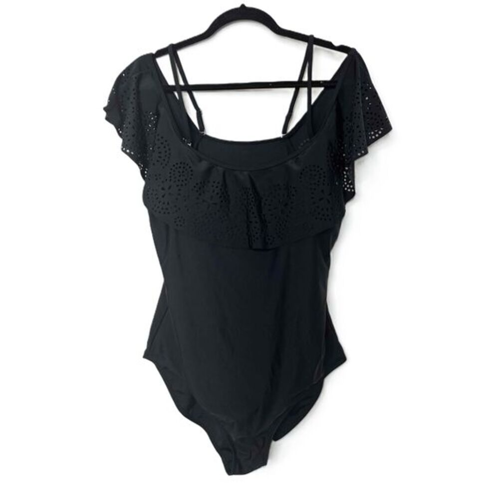 Swimsuit Womens Size XLarge Black Laser-Cut Flutter Sleeves Adjustable Straps